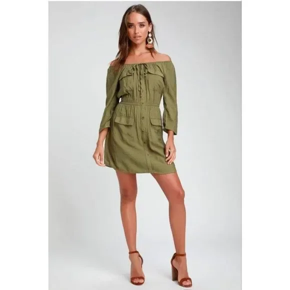 Lulus Etta Olive Green Button Front Off-the-Shoulder Dress good pre-owned condit - Picture 1 of 7